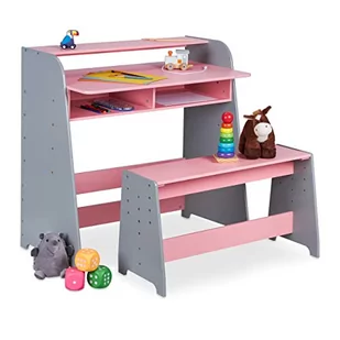 Relaxdays Stół dziecięcy z ławką do siedzenia, 2 półki, biurko dziecięce z regulacją wysokości, wys. x szer. x gł.: 88 x 90 x 48 cm, różowy/szary - Biurka dla dzieci - miniaturka - grafika 1