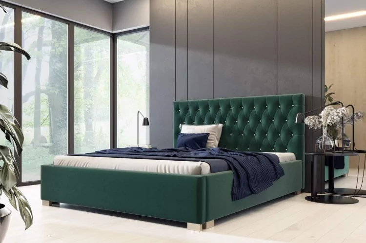 Łóżko tapicerowane pikowane Lena 160x200 Zielone Metalowy Stelaż