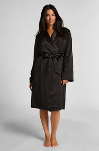 Hunkemöller Satynowy szlafrok z polarem Czarny - Szlafroki damskie - miniaturka - grafika 1