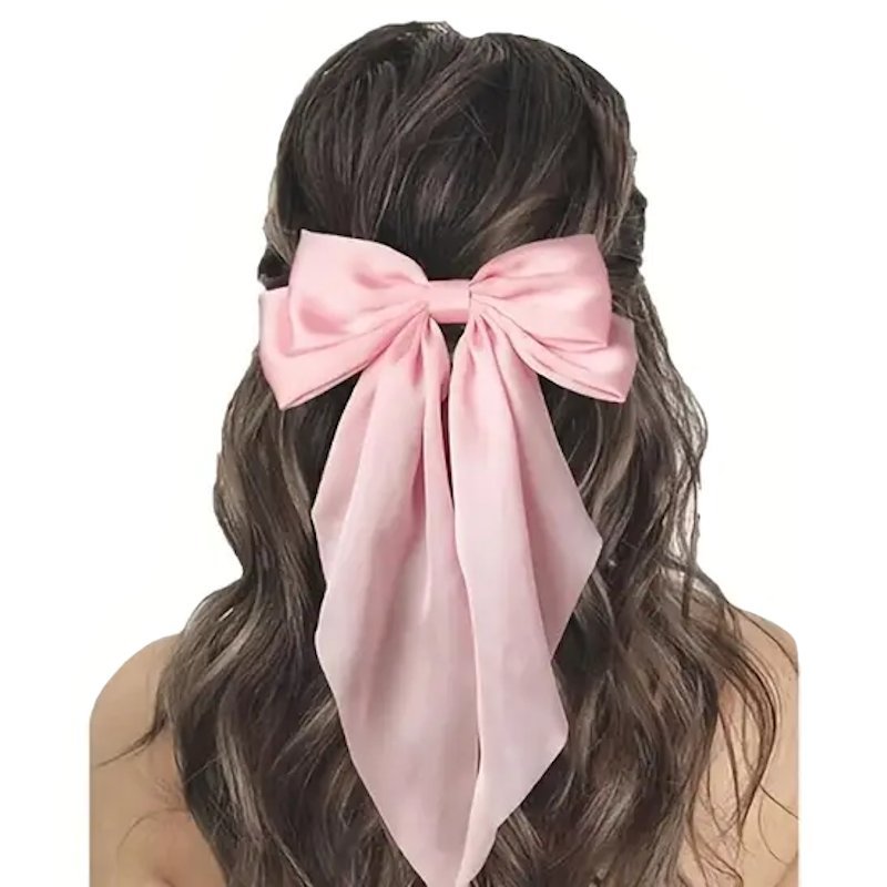 Spinka Kokarda do Włosów Duża Długa Satynowa Atłasowa Pudrowo Różowa