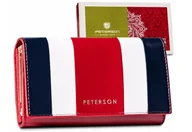 Portfele - Portfel skórzany damski Peterson na zatrzask elegancka pojemna portmonetka na karty i gotówkę z ochroną RFID, czerwony różnokolorowy - miniaturka - grafika 1
