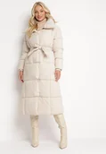 Kurtki damskie - Beżowa Pikowana Kurtka za Kolano z Wiązanym Paskiem Opiedsse - miniaturka - grafika 1