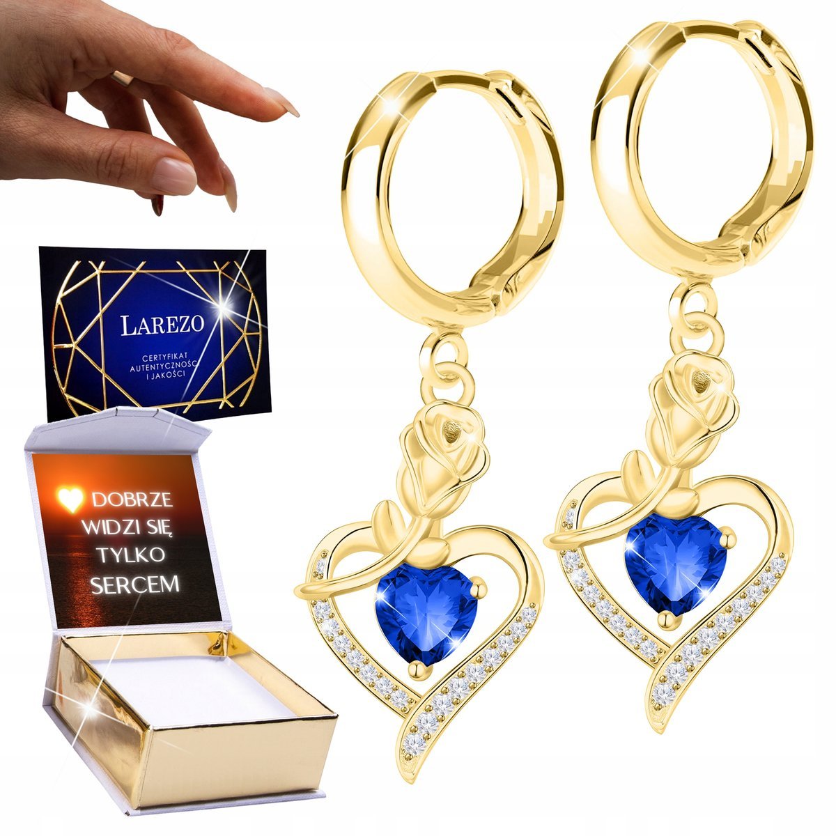 Złote Kolczyki 925 Niebieskie Serca Róże Serduszka z Różą Tulipan + NADRUK