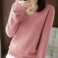 Swetry damskie - TEMU Sweter damski w kolorze miękkiego różu z dekoltem w serek - długi rękaw, casualowy i elegancki top na jesień/zimę o średniej elastyczności, - miniaturka - grafika 1