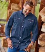 Koszule męskie - Koszula jeansowa ze stretchem i haftami Mężczyzna Atlas For Men - Kolor : Granatowy - Rozmiar : 4XL - miniaturka - grafika 1