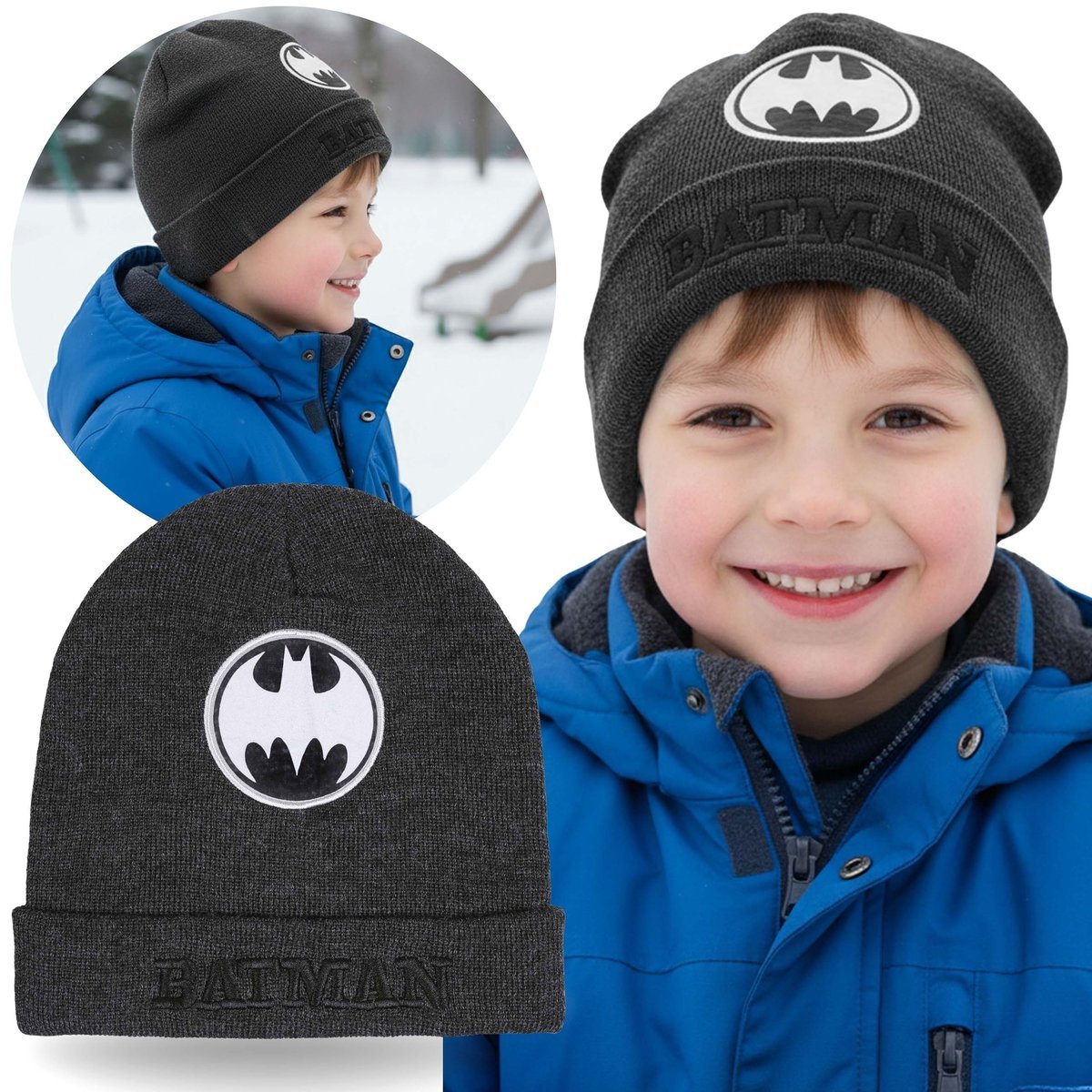 MARVEL Batman CIEPŁA Ciemnoszara czapka chłopięca, zimowa beanie dla chłopca 52cm