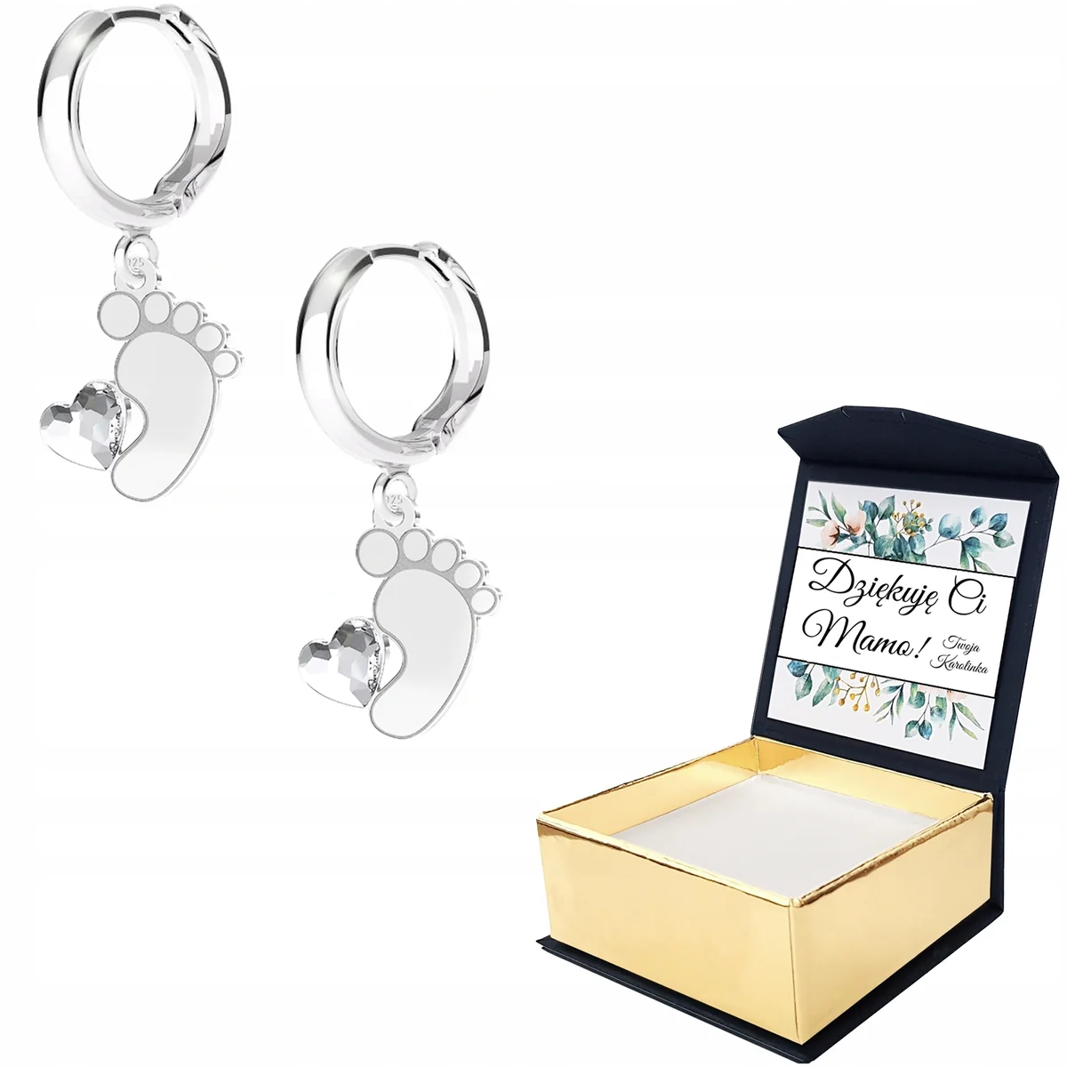 Kolczyki Srebrne Stópki Dziecka Serce z Cyrkonią SREBRO 925 NADRUK