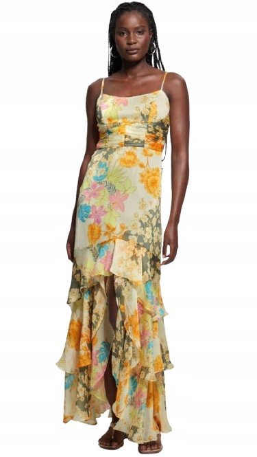 GUESS SUKIENKA DŁUGA ROZKLOSZOWANA NA RAMIĄCZKACH KWIATY M GMA