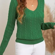 Swetry damskie - TEMU Sweter Damski z Eleganckim Dekoltem w Serek i Długimi Rękawami - Miękkie Zielone Swetrowe Top, Przytulny Pulower na Jesień/Zimę z Żebrowanymi - miniaturka - grafika 1