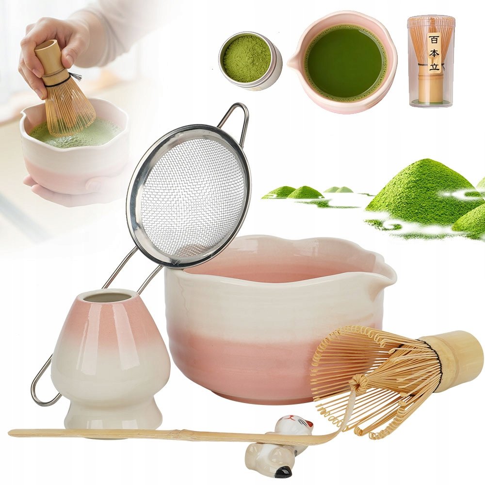Zestaw Do Matchy 6 Elementów Różowy Ceramiczna Miska Bambusowa Trzepaczka