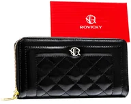Portfele - Portfel damski Rovicky pojemna portmonetka na suwak duży piórnik na karty i dokumenty, czarny - miniaturka - grafika 1