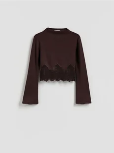 Reserved - Bluzka z koronką - ciemnobrązowy - Bluzki damskie - miniaturka - grafika 1
