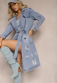 Płaszcze damskie - Niebieski Jeansowy Płaszcz Kurtka o Długim Wiązanym Fasonie z Przetarciami Arilessa - miniaturka - grafika 1
