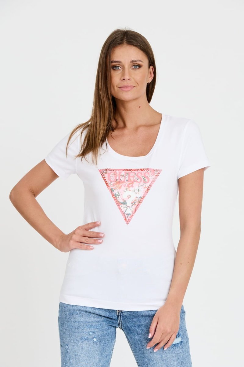 GUESS Biały damski t-shirt Satin Triangle Tee XS