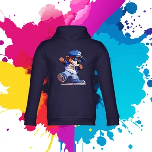 Bluza dziecięca typu kangurka z kapturem w kolorze granatowym z nadrukiem miś Skejtuś 6 lat - Bluzy dla dziewczynek - miniaturka - grafika 1