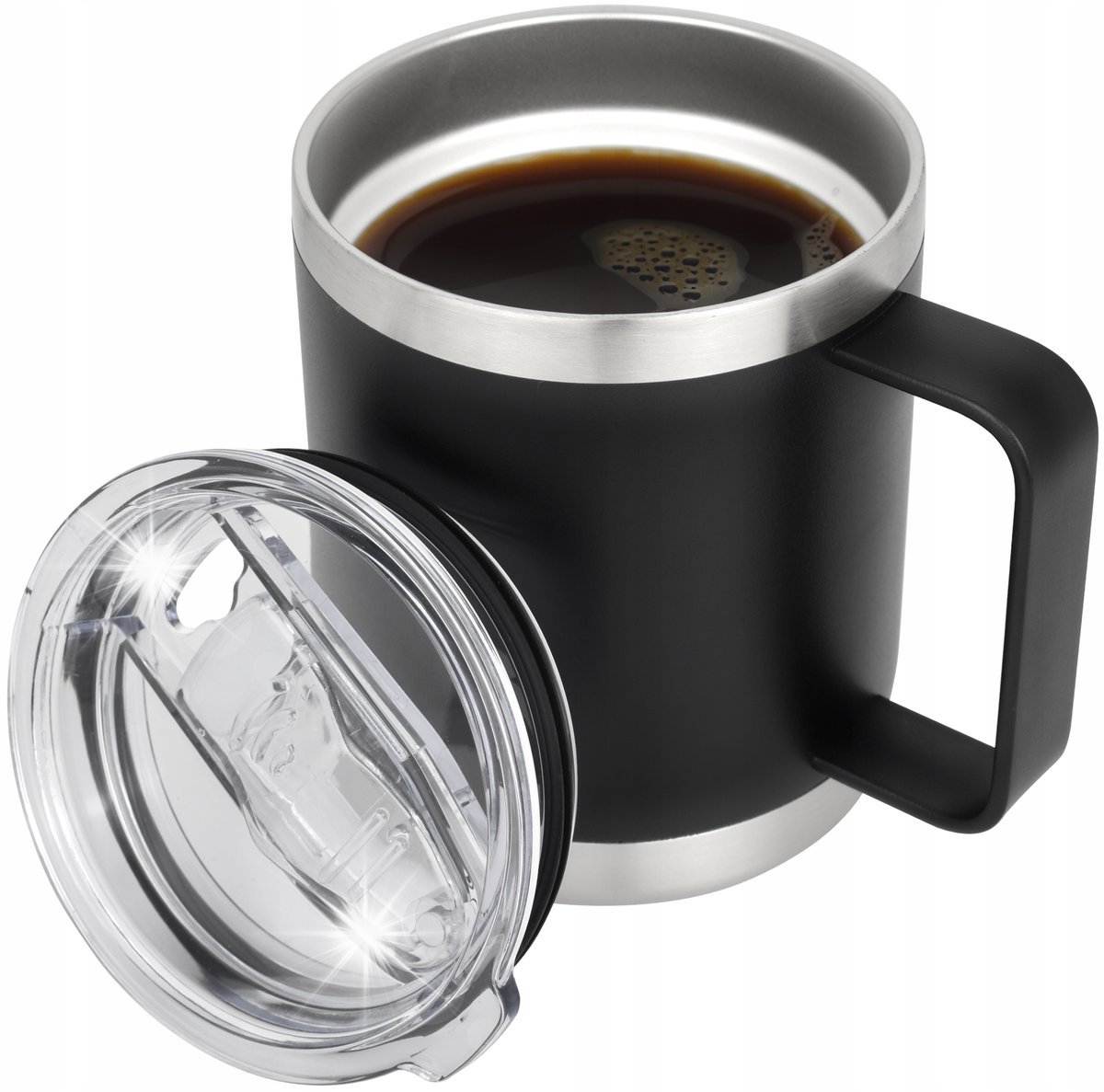 Kubek termiczny z uchwytem kempingowy z pokrywką Miowi 350 ml Czarny