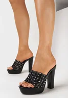 Klapki i japonki damskie - Czarne Ażurowe Klapki na Słupku i Platformie z Cyrkoniami Afertia - miniaturka - grafika 1