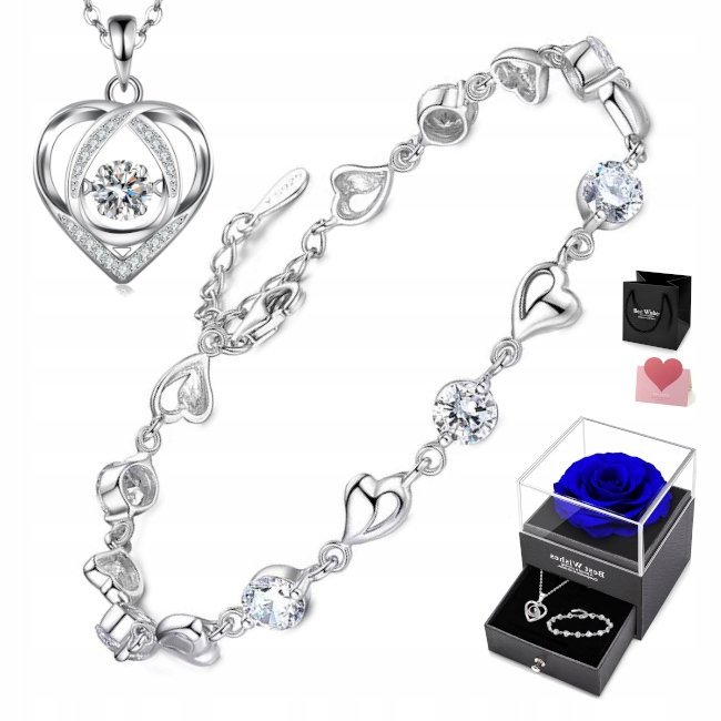 Bransoletka Srebrna Damska Naszyjnik Zawieszka Wieczna Róża ZESTAW