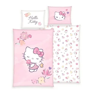 Pościel 140x200 Hello Kitty kwiaty różowa poszewka 70x90 - Pościel dla dzieci - miniaturka - grafika 1
