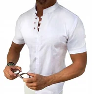Koszule męskie - Koszula Męska Stójka Casual Lniana Len Bawełniana Regular Przewiewna - miniaturka - grafika 1