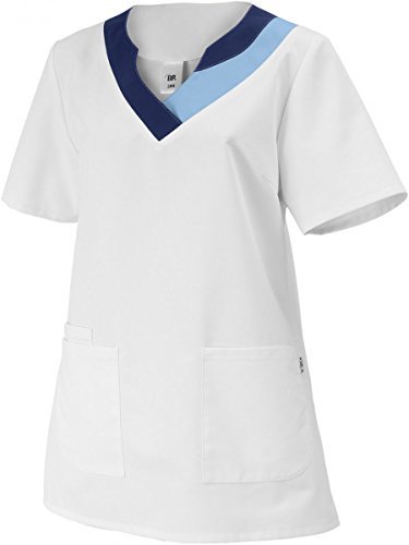 BP 1664-485-2111-52n kombinezon damski z krótkim rękawem 1/2, dekolt w szpic z kolorową krawędzią, 215,00 g/m² mieszanka materiału, biały/jasnoniebieski, 52n