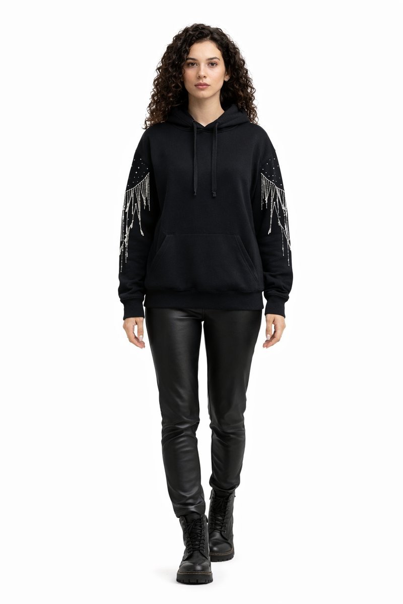 ALLSAINTS CZARNA BLUZA Z KAPTUREM Z DŻETAMI I FRĘDZLAMI M 1I4A