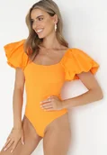 Body - Pomarańczowe Prążkowane Body z Bufiastymi Rękawami Darcis - miniaturka - grafika 1