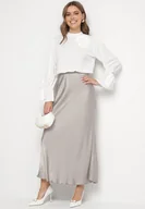 Spódnice - Szara Spódnica Satynowa z Wiskozy o Rozkloszowanym Kroju Hanorilae - miniaturka - grafika 1