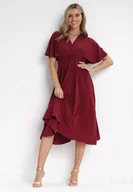 Sukienki - Bordowa Rozkloszowana Sukienka Midi z Kopertowym Dekoltem i Gumką w Talii Muntani - miniaturka - grafika 1