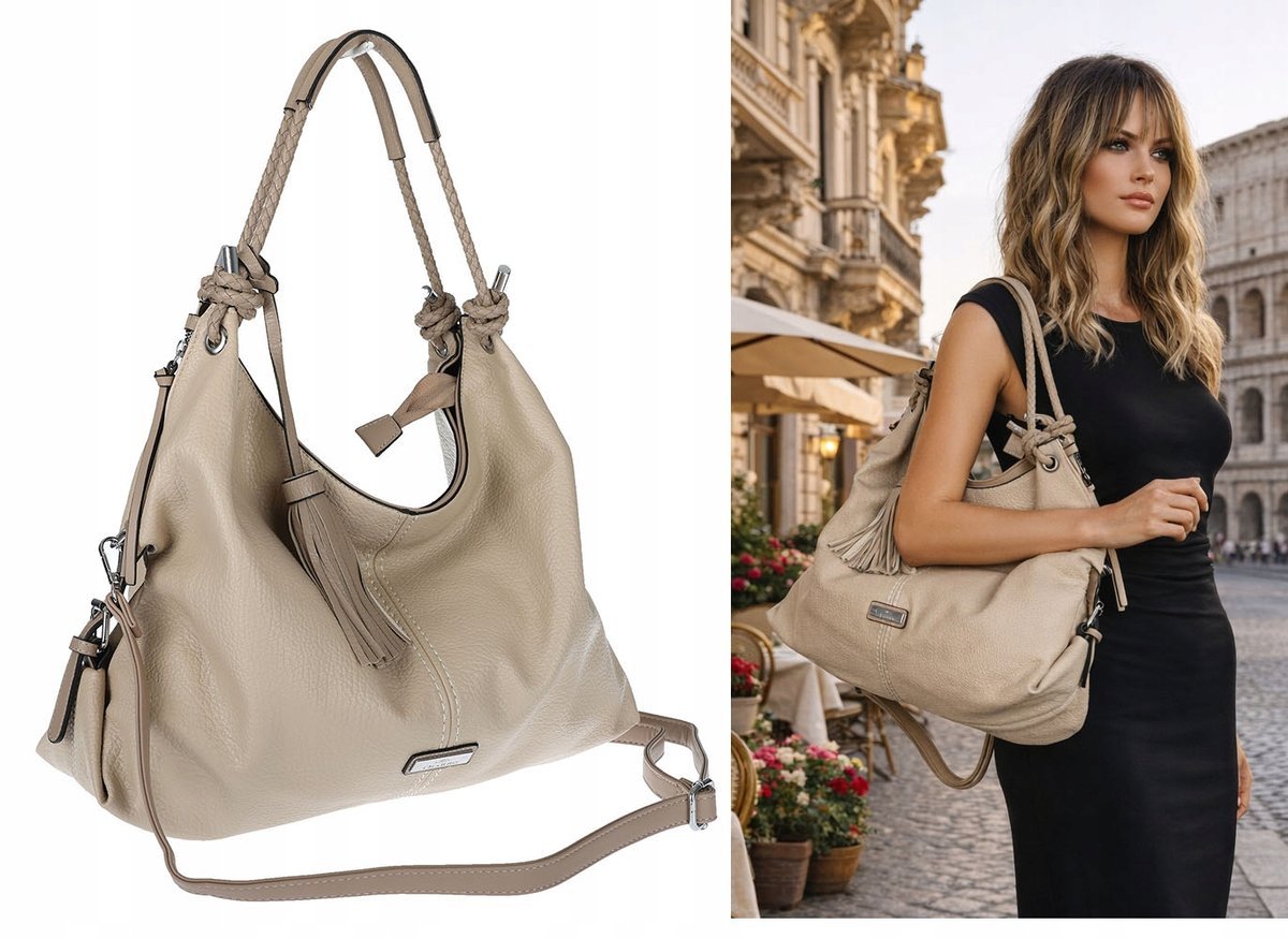 Torebka Damska Shopper worek modna lekka torba pasek na Ramię CH812 Beżowa