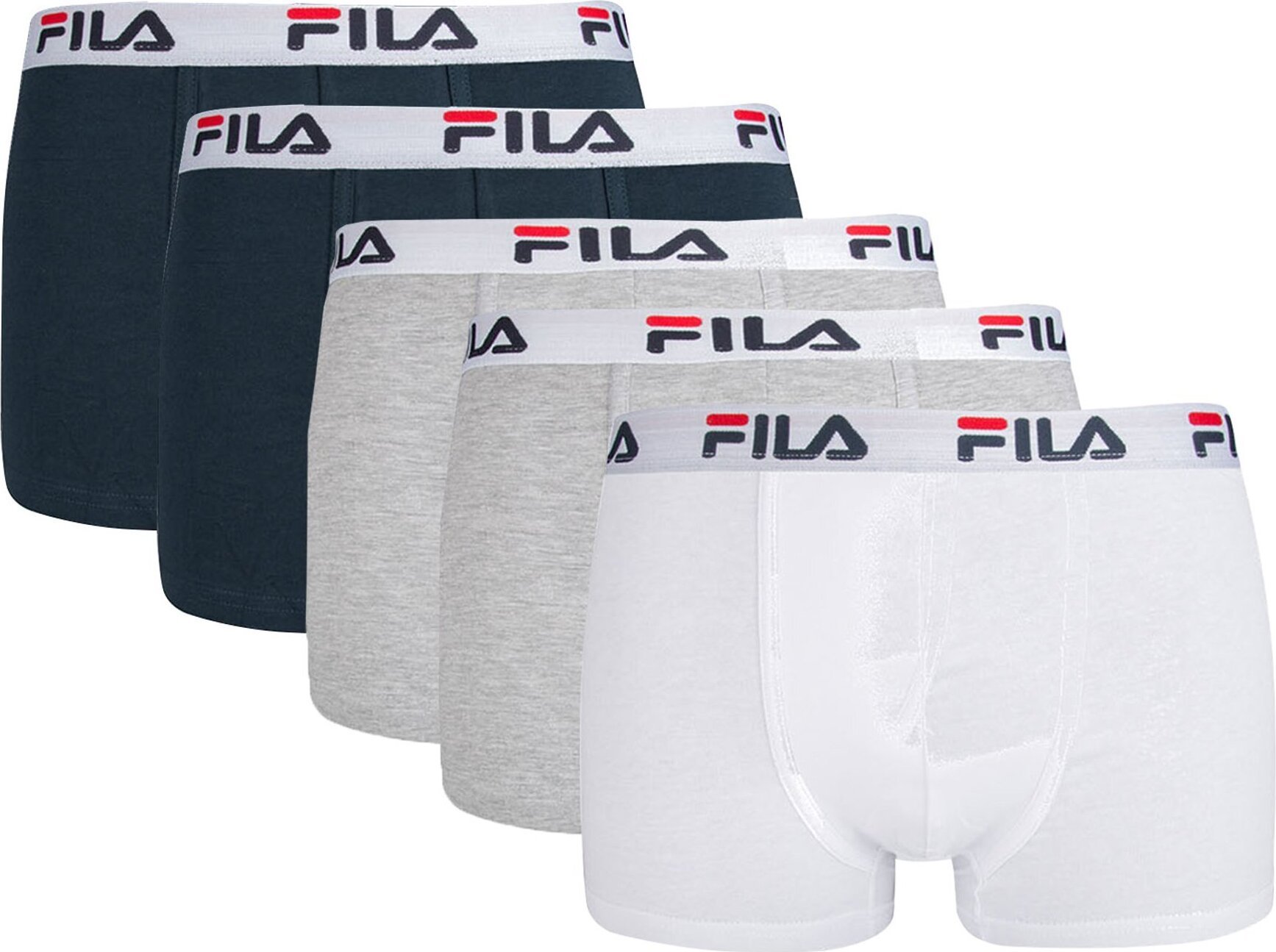 Bokserki męskie FILA, 5-pak - logo w pasie, miejskie, bawełna stretch, jednokolorowe niebieski/szary/biały XL