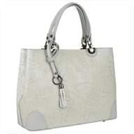 Torebki damskie - Skórzana torebka shopper popielaty tłoczone kwiaty - miniaturka - grafika 1
