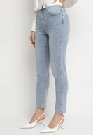 Spodnie damskie - Niebieskie Jeansy o Kroju Mom Fit z Wysokim Stanem Delarine - miniaturka - grafika 1