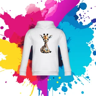 Bluza dziecięca typu kangurka z kapturem w kolorze białym z nadrukiem żyrafa 8 lat - Bluzy dla dziewczynek - miniaturka - grafika 1