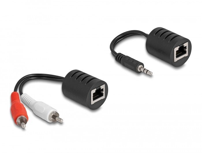 DELOCK Stereo Audio Extender RJ45 Buchse zu 3,5mm Klinkenstecker und RJ45 Buchse zu 2 x Cinch Stecker Cat.5 bis 50m Set 2 Stuck