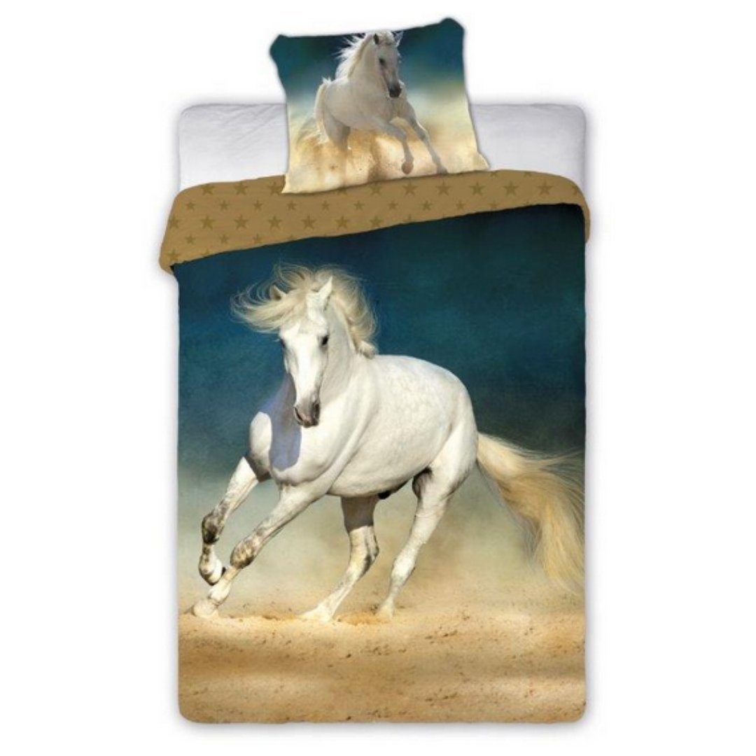 Koń Biały Pościel Bawełniana 160x200 + 70x80 Realistyczny Nadruk