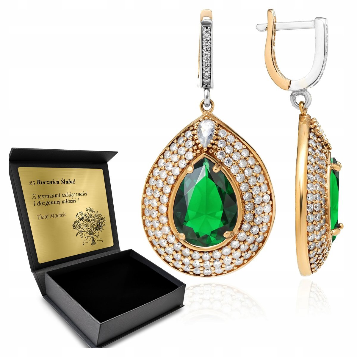 Kolczyki Srebrne 925 Cyrkonie I Szmaragd Biżuteria Dla Kobiety + Grawer
