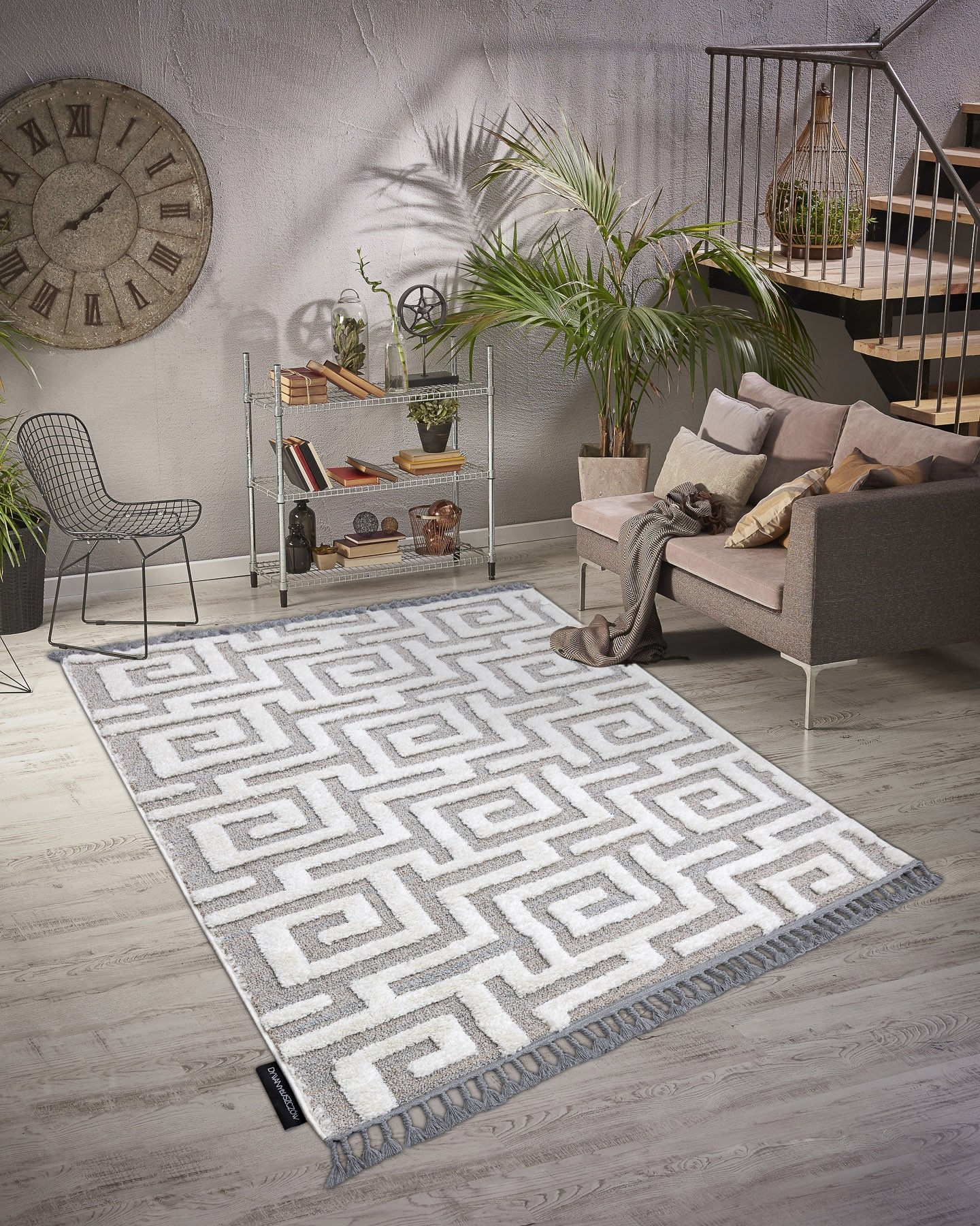 Dywan MAROC P655 Labirynt, grecki / biały Frędzle berberyjski marokański shaggy szary 120x170 cm
