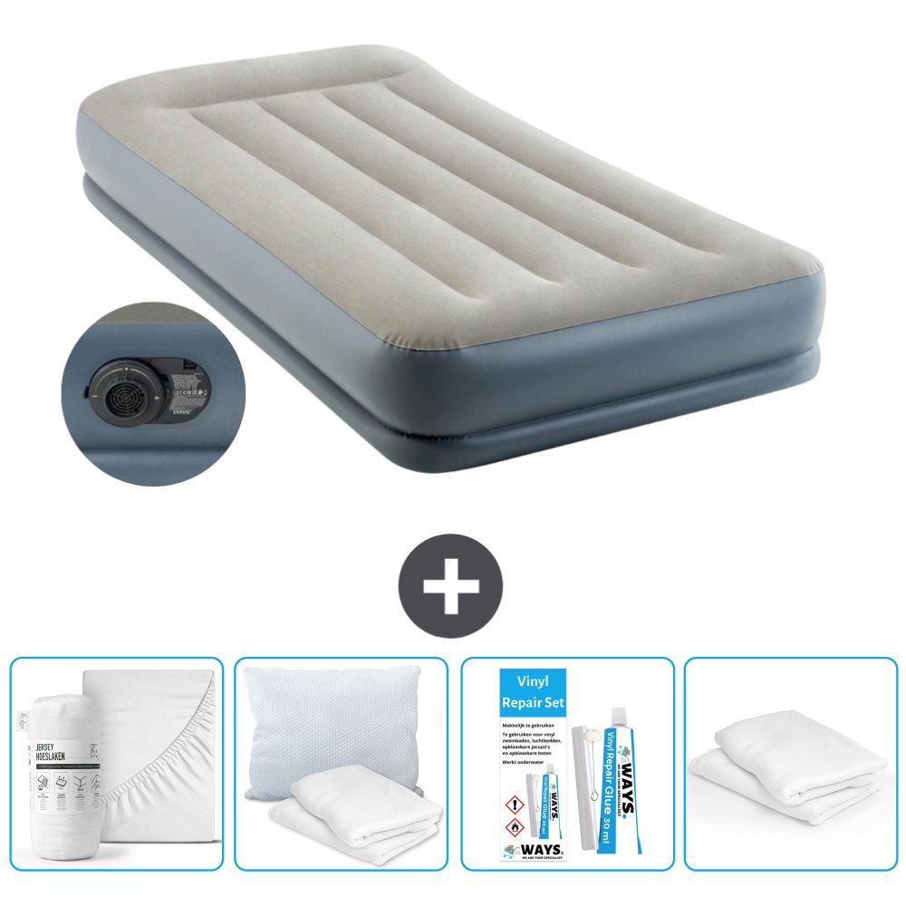 Łóżko powietrzne Intex - 1 osoba - 99 x 191 x 30 cm - Szare - Pompka w zestawie - Prześcieradło - Całowanie - Zestaw naprawczy en Ochraniacz na poduszkę