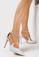 Sandały damskie - Srebrne Brokatowe Sandały na Szpilce z Paskami w Cyrkonie Wieserra - miniaturka - grafika 1