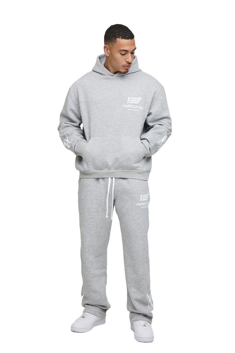 BOOHOOMAN SZARY DRES MĘSKI Z KAPTUREM I NADRUKIEM RACING L Z3A*