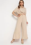 Komplety damskie - Jasnobeżowy Bawełniany Komplet z Krótką Koszulą i Szerokimi Spodniami z Rozcięciami Denara - miniaturka - grafika 1