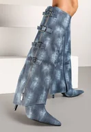 Kozaki damskie - Niebieskie Kozaki Jeansowe na Szpilce z Klamrami na Wywiniętej Cholewce Riaviraen - Renee - miniaturka - grafika 1