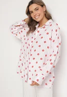 Koszule damskie - Różowo-Czerwona Bawełniana Koszula w Paski z Kwiatowym Zdobieniem Ameliora - miniaturka - grafika 1