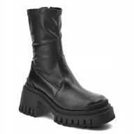 Botki damskie - Czarne botki workery CARINII B10021 klocek platforma skóra modne - miniaturka - grafika 1