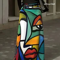 Spódnice - TEMU Spódnica Maxi z Eleganckim Abstrakcyjnym Nadrukiem dla Kobiet - Wysoki Stan, Szerokie Nogawki, Kieszenie, Zamek Błyskawiczny z Boku, Elastyczny - miniaturka - grafika 1