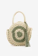 Torebki damskie - Beżowo-Zielona Okrągła Pleciona Torebka z Frędzlami Odiane - miniaturka - grafika 1