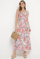 Sukienki - Biało-Różowa Sukienka z Kopertowym Dekoltem w Kwiaty z Gumką w Pasie Fionessa - miniaturka - grafika 1