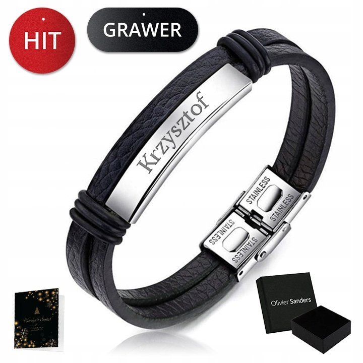 Skórzana Bransoletka Męska Czarna Tytanowa Grawer