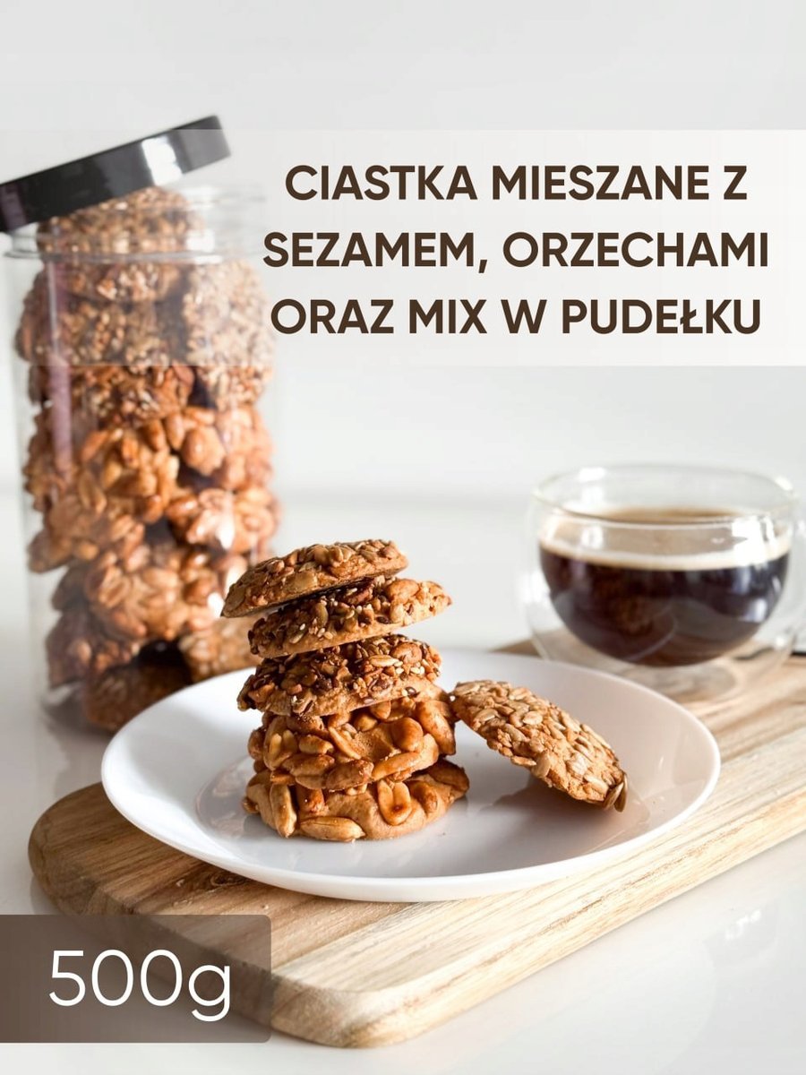 Ciastka mieszane (z sezamem, orzechami oraz mix) w pudełku, 500 g